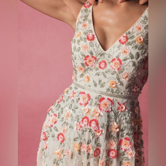 Mac Duggal 5527 Cream V-Neck Sleeveless Midi Floral Beaded A-line Dress $598 - Picture 3 of 15